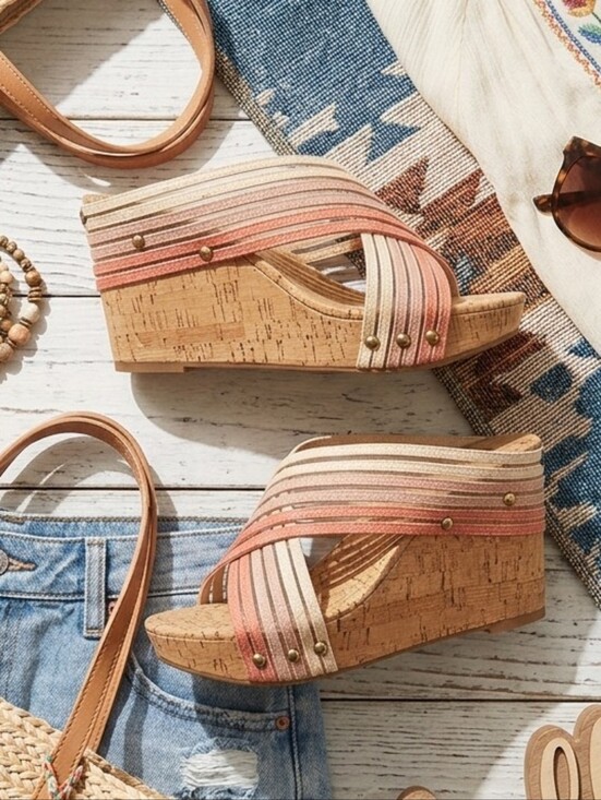 Lucky Brand Shoes - Lucky Brand Mykayla Strappy Cork Wedge Sandals in Pink and Tan
